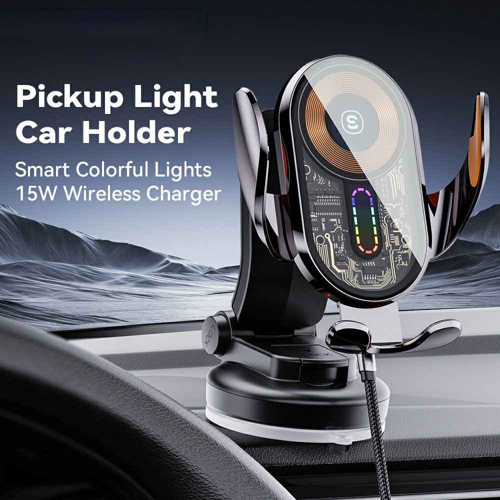 ESSAGER Music Pickup Lighting Car Phone Holder Wireless Charger with Hook+Suction Cup Bottom