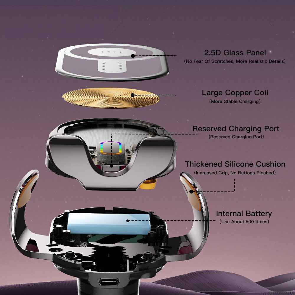ESSAGER Music Pickup Lighting Car Phone Holder Wireless Charger with Hook+Suction Cup Bottom