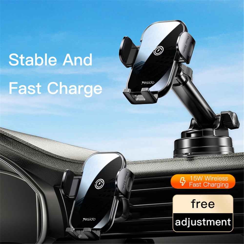 YESIDO C197 Car 15W Wireless Phone Charger Mount Clamp Phone Clip Bracket Holder with Suction Cup
