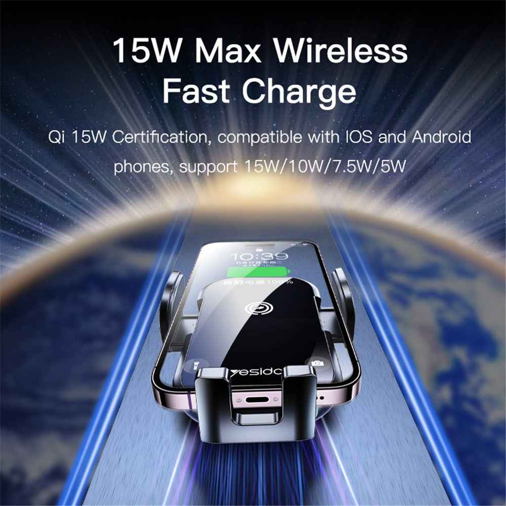 YESIDO C197 Car 15W Wireless Phone Charger Mount Clamp Phone Clip Bracket Holder with Suction Cup