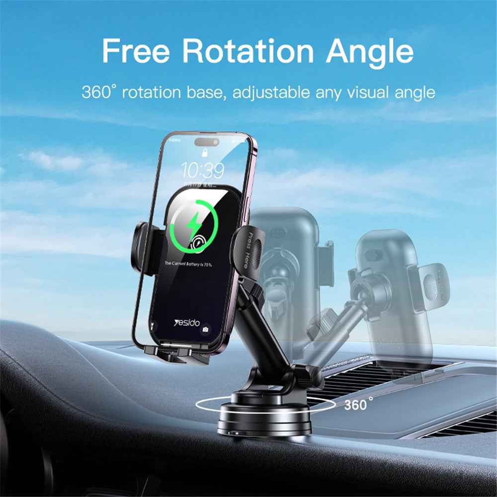 YESIDO C197 Car 15W Wireless Phone Charger Mount Clamp Phone Clip Bracket Holder with Suction Cup