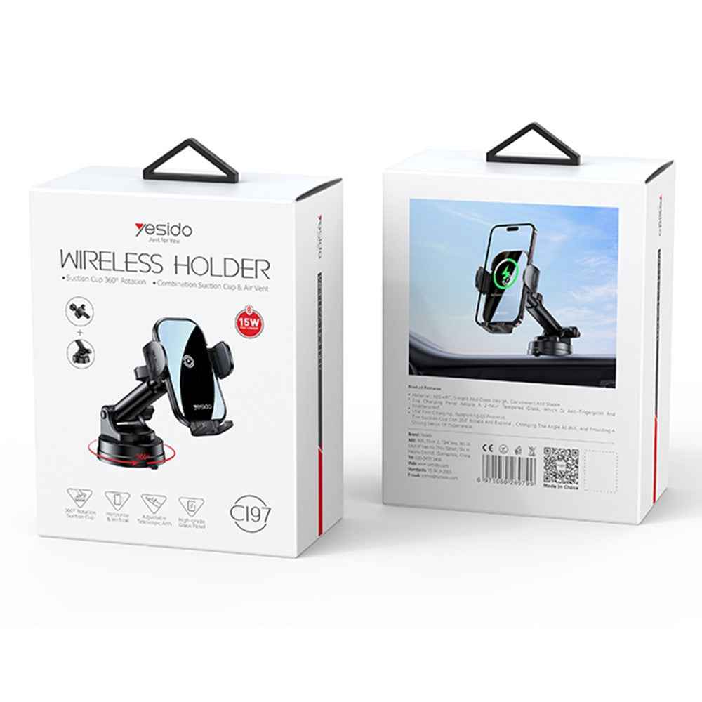 YESIDO C197 Car 15W Wireless Phone Charger Mount Clamp Phone Clip Bracket Holder with Suction Cup