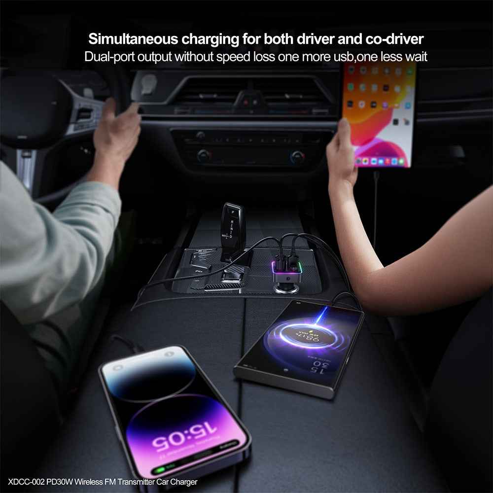XUNDD XDCC-002 Car FM Transmitter PD 30W Type-C Dual USB Ports Charger Hands-Free Calling Adapter