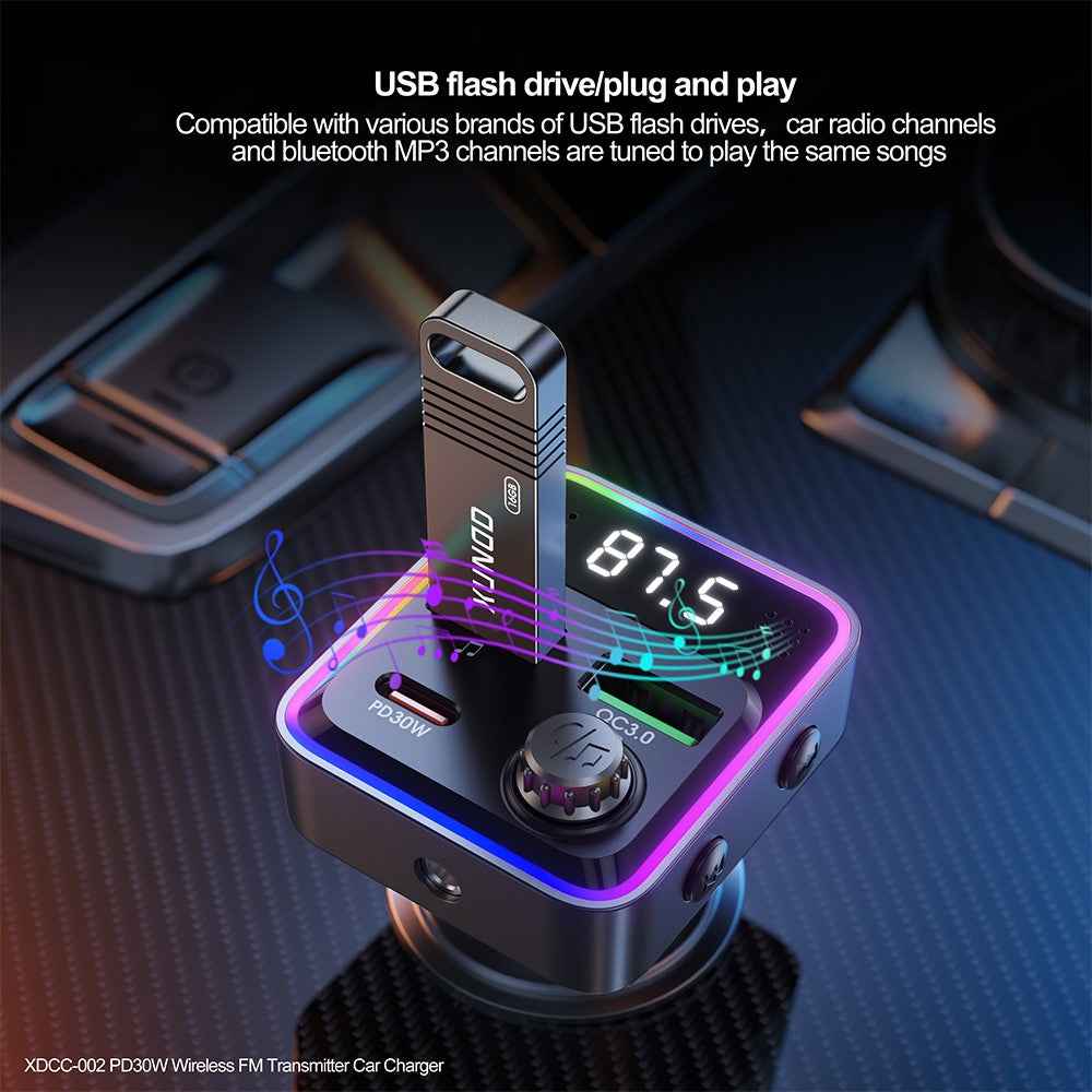 XUNDD XDCC-002 Car FM Transmitter PD 30W Type-C Dual USB Ports Charger Hands-Free Calling Adapter