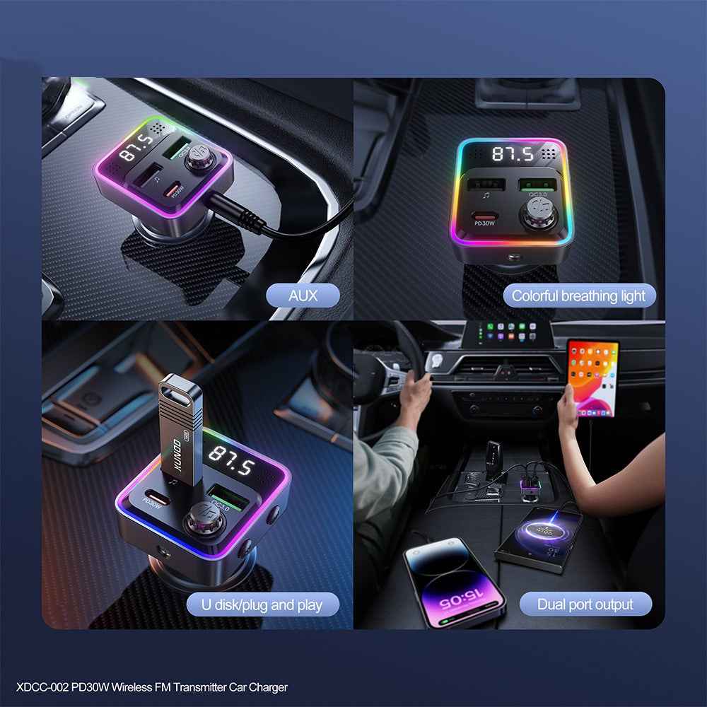 XUNDD XDCC-002 Car FM Transmitter PD 30W Type-C Dual USB Ports Charger Hands-Free Calling Adapter