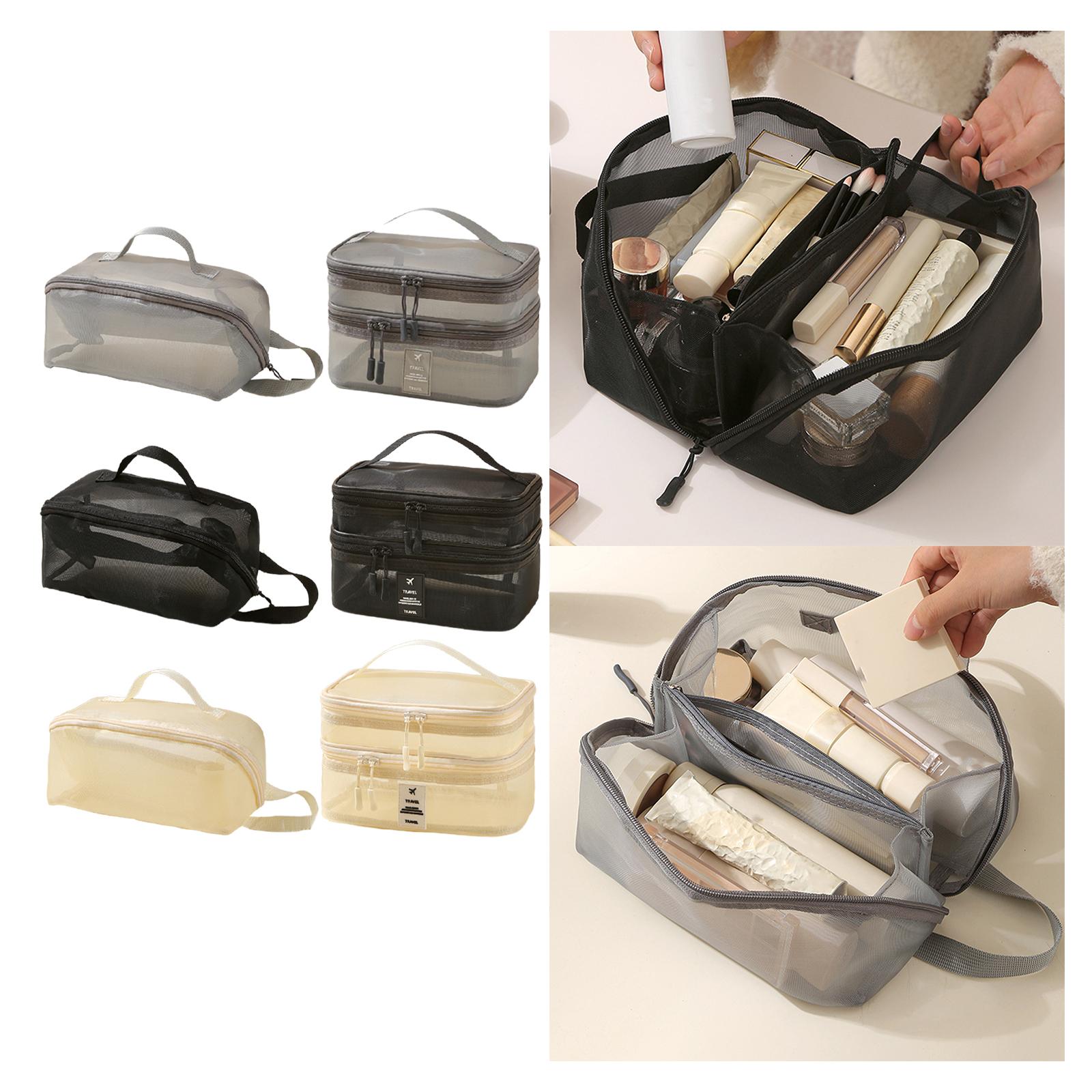2x Mesh Makeup Bag Portable Brush Organizer for Gym Vacation Picnic gray