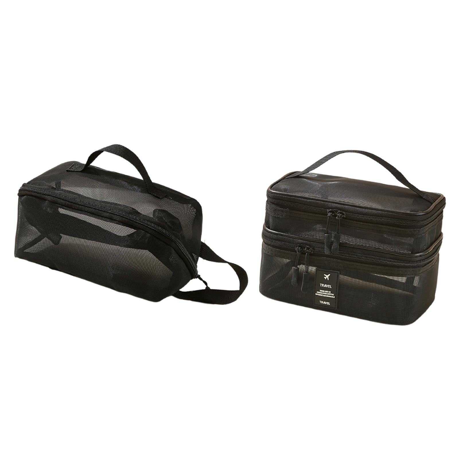 2x Mesh Makeup Bag Portable Brush Organizer for Gym Vacation Picnic black