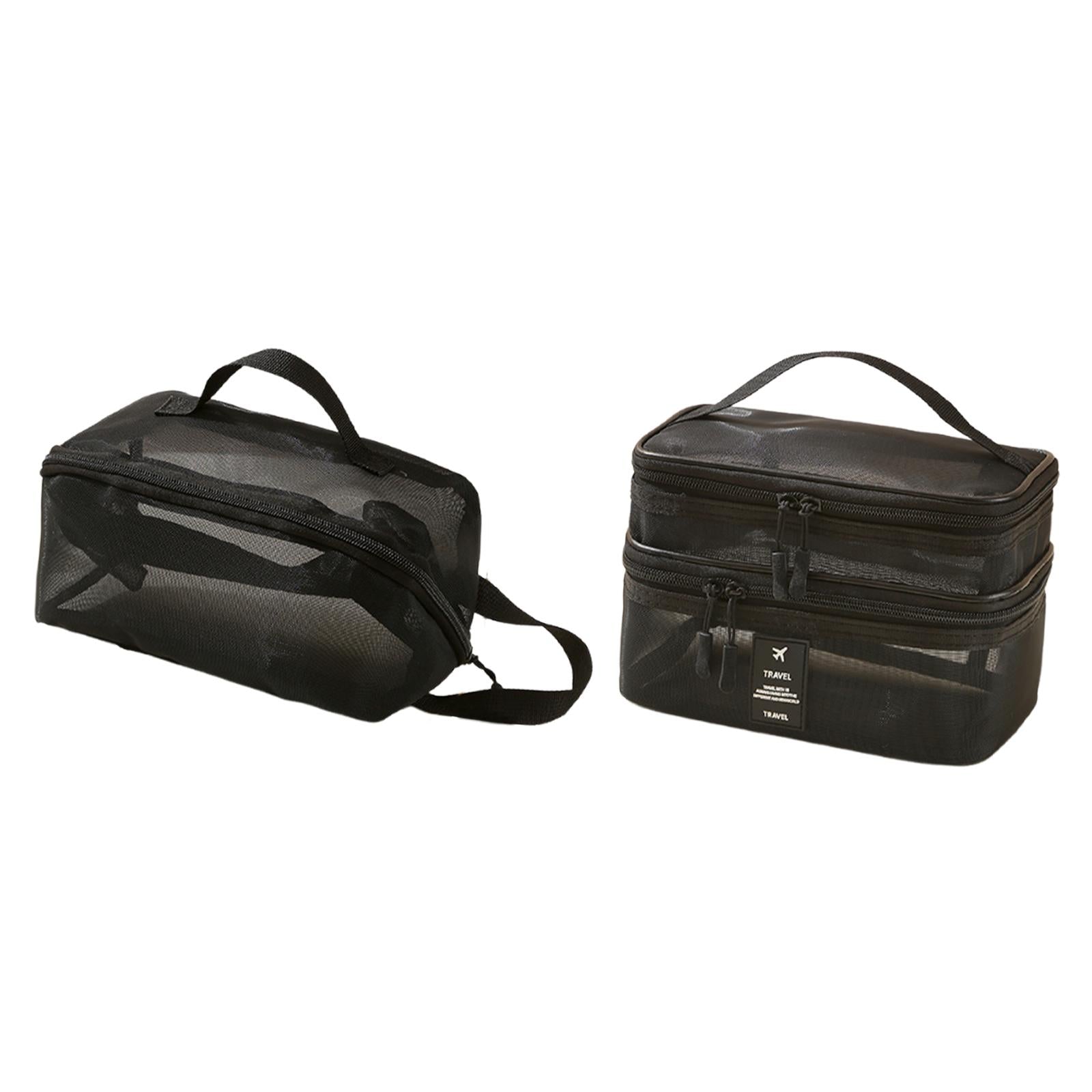 2x Mesh Makeup Bag Portable Brush Organizer for Gym Vacation Picnic black
