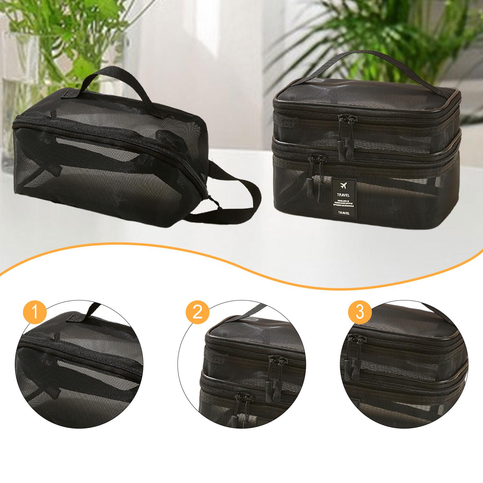 2x Mesh Makeup Bag Portable Brush Organizer for Gym Vacation Picnic black