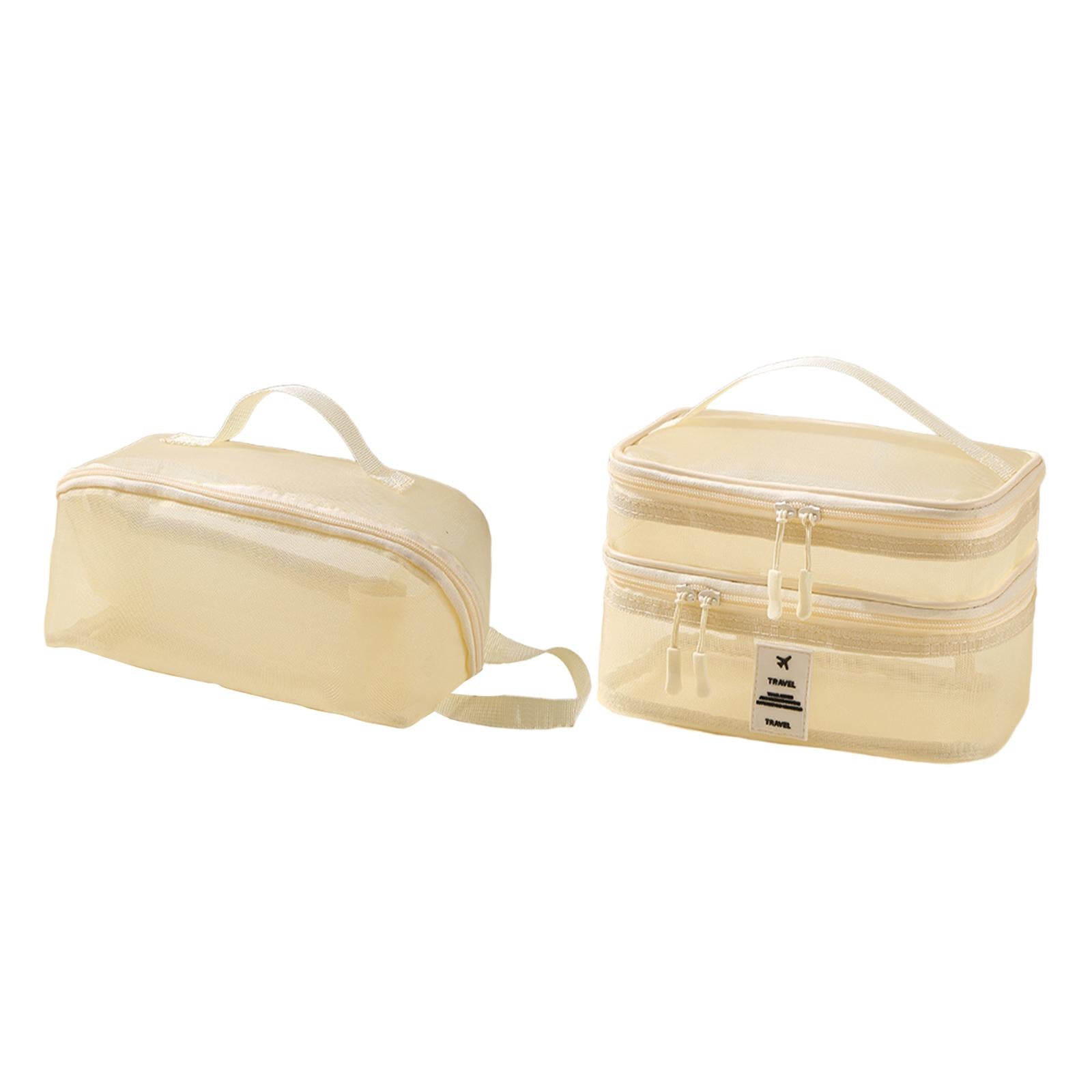2x Mesh Makeup Bag Portable Brush Organizer for Gym Vacation Picnic beige
