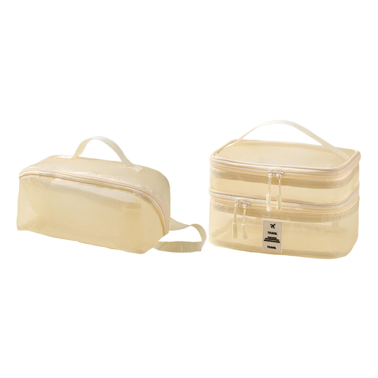 2x Mesh Makeup Bag Portable Brush Organizer for Gym Vacation Picnic beige