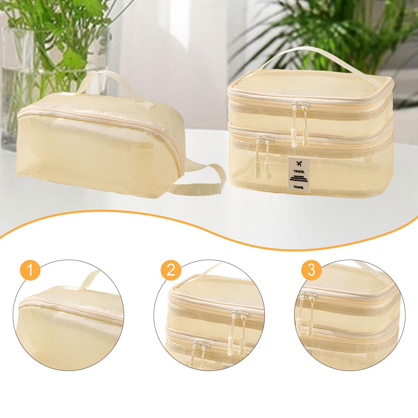 2x Mesh Makeup Bag Portable Brush Organizer for Gym Vacation Picnic beige