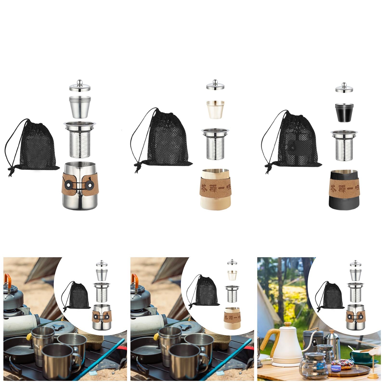 Camping Tea Kettle Mugs Set Stainless Steel Tea Pot for Hotel Fishing Picnic silver