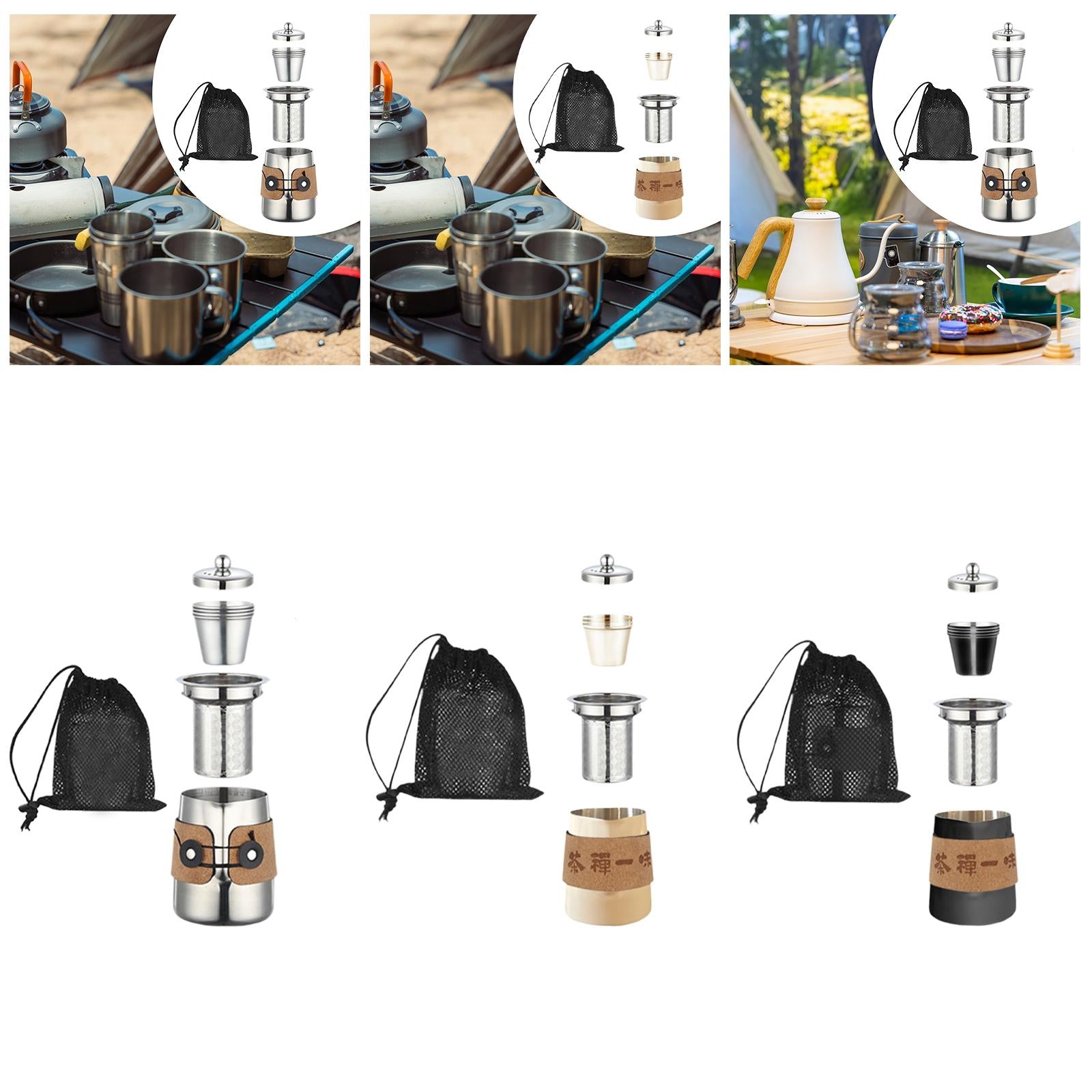 Camping Tea Kettle Mugs Set Stainless Steel Tea Pot for Hotel Fishing Picnic silver