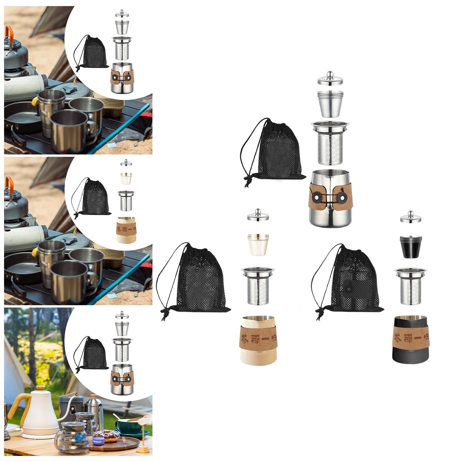 Camping Tea Kettle Mugs Set Stainless Steel Tea Pot for Hotel Fishing Picnic silver
