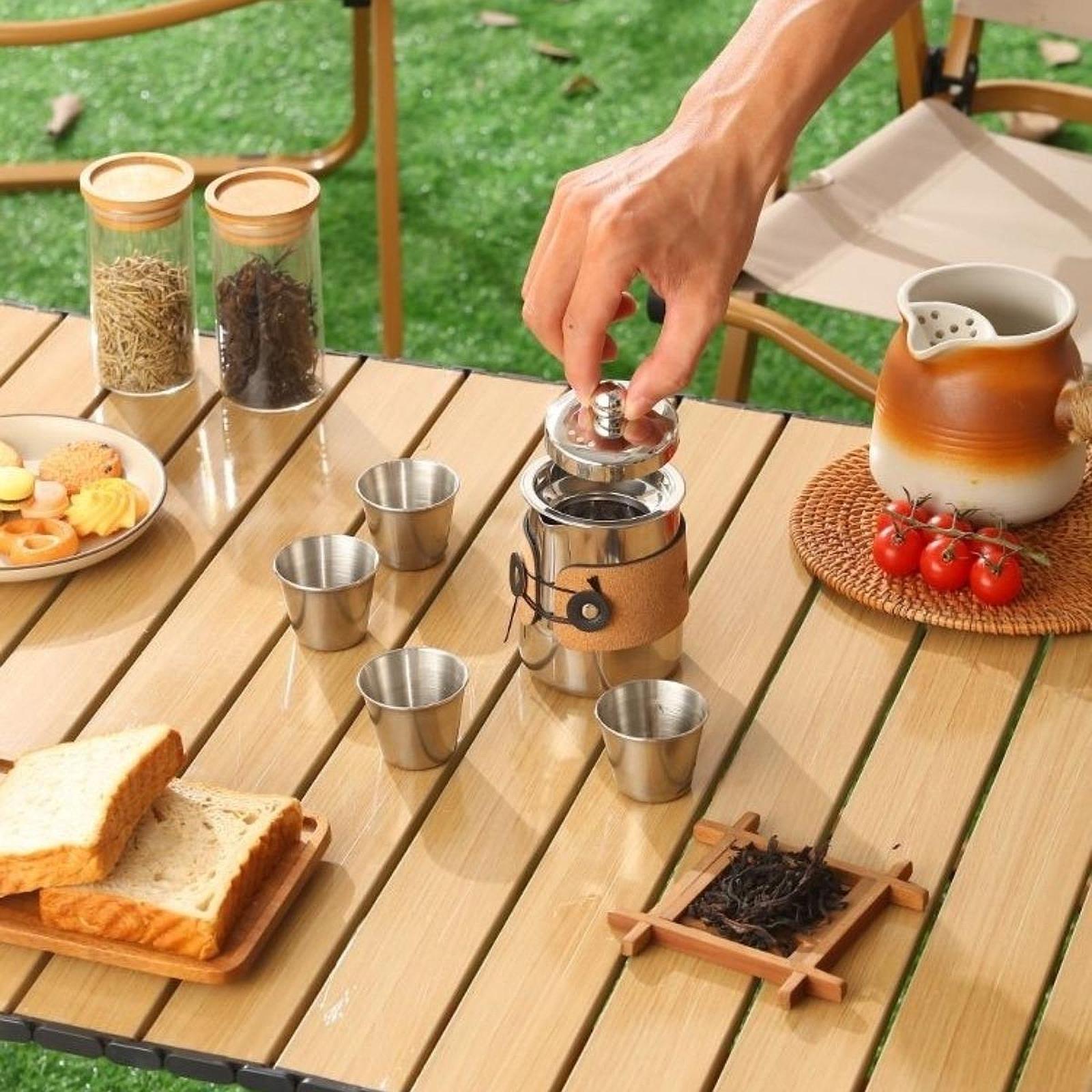 Camping Tea Kettle Mugs Set Stainless Steel Tea Pot for Hotel Fishing Picnic silver