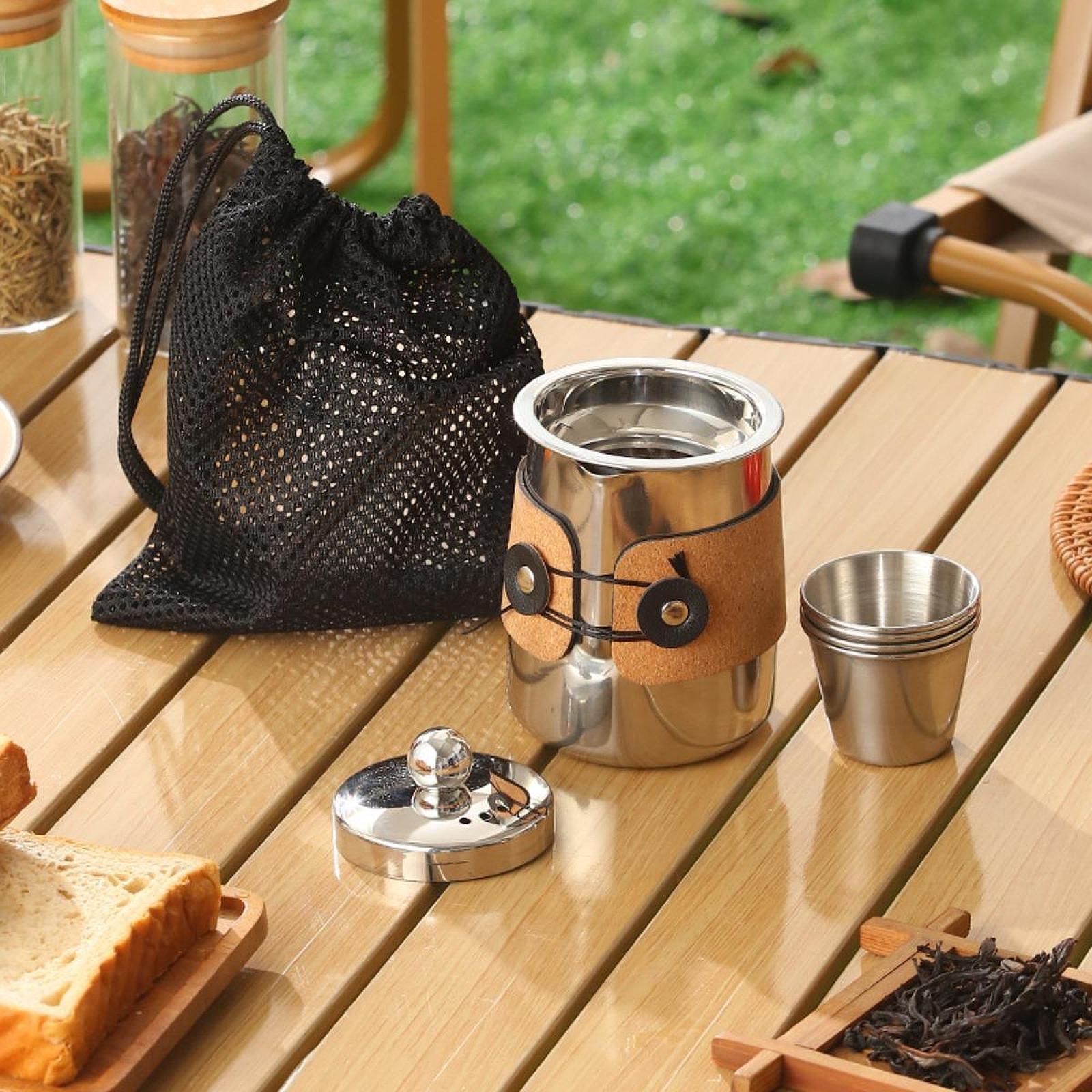 Camping Tea Kettle Mugs Set Stainless Steel Tea Pot for Hotel Fishing Picnic silver