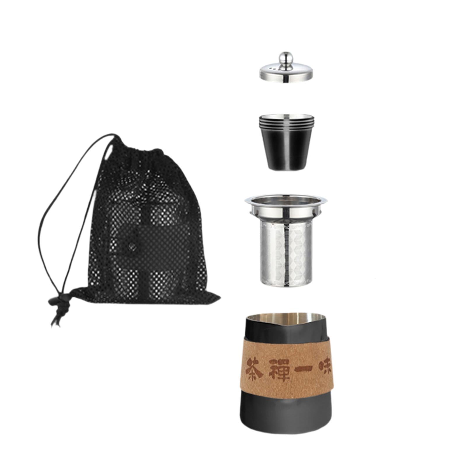 Camping Tea Kettle Mugs Set Stainless Steel Tea Pot for Hotel Fishing Picnic black