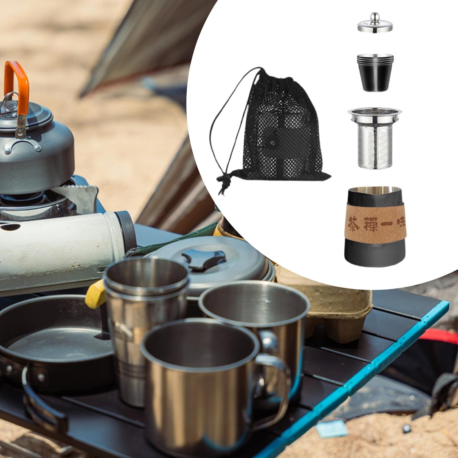 Camping Tea Kettle Mugs Set Stainless Steel Tea Pot for Hotel Fishing Picnic black
