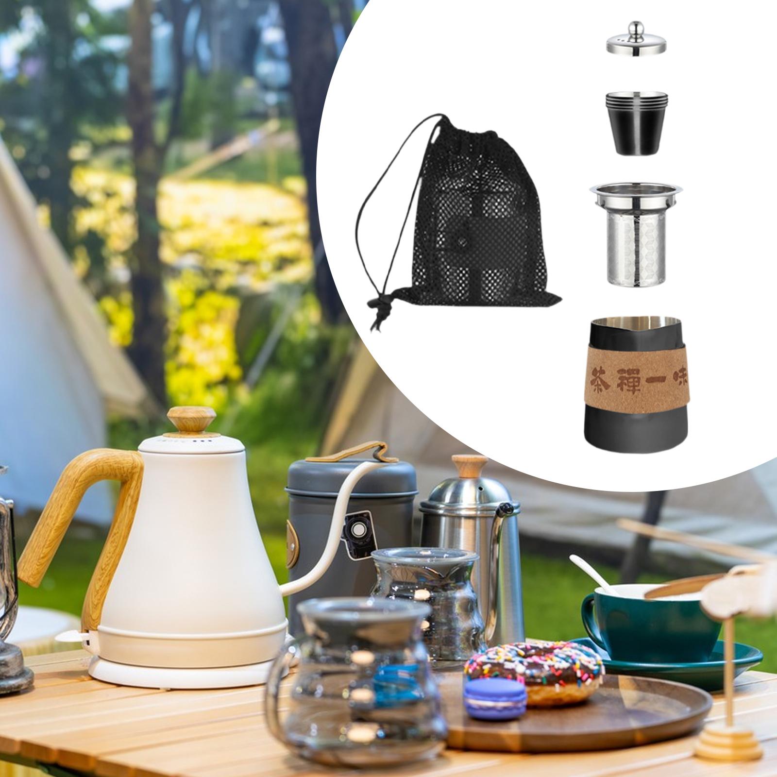 Camping Tea Kettle Mugs Set Stainless Steel Tea Pot for Hotel Fishing Picnic black