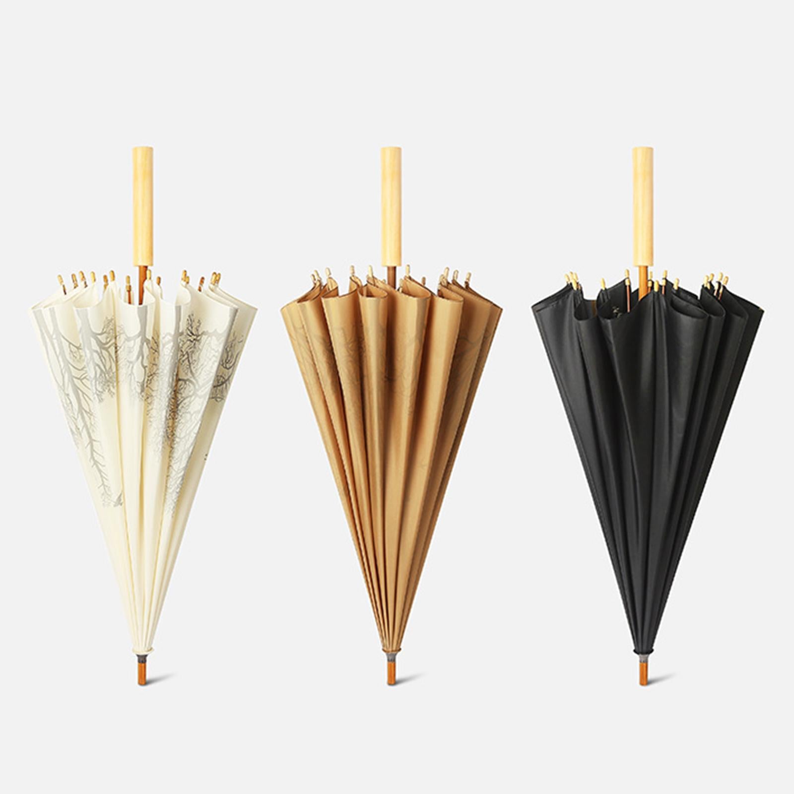 16 Ribs Stick Umbrella Water Resistant Compact Retro for Photography Wedding Black