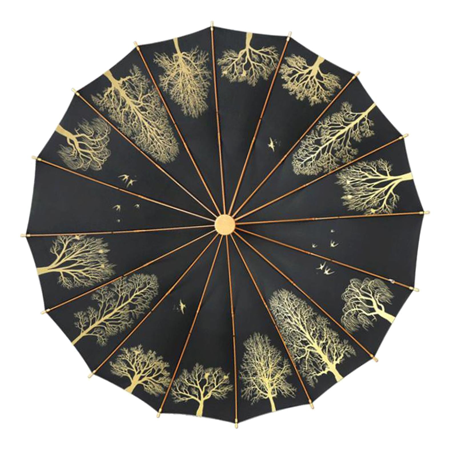 16 Ribs Stick Umbrella Water Resistant Compact Retro for Photography Wedding Black