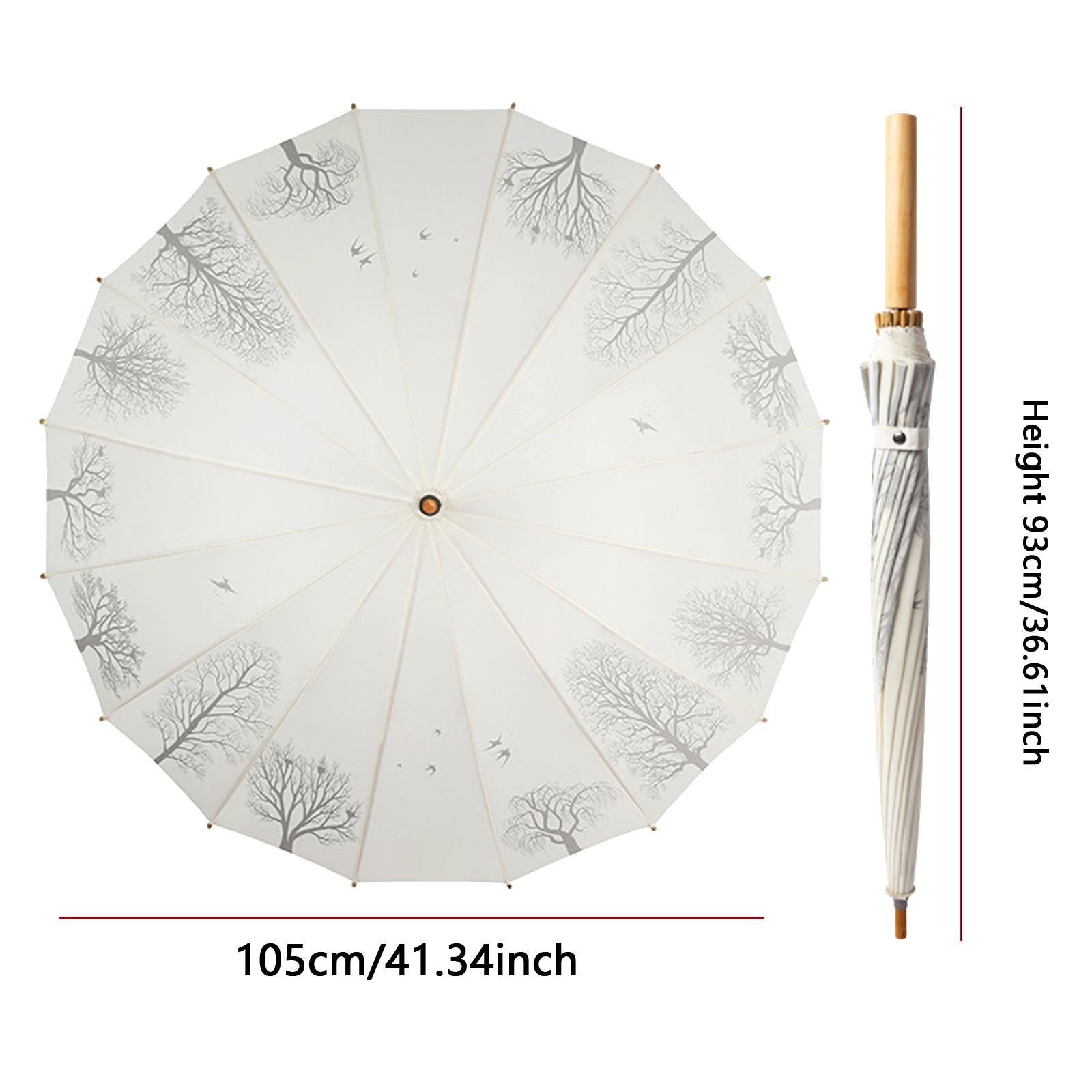 16 Ribs Stick Umbrella Water Resistant Compact Retro for Photography Wedding White