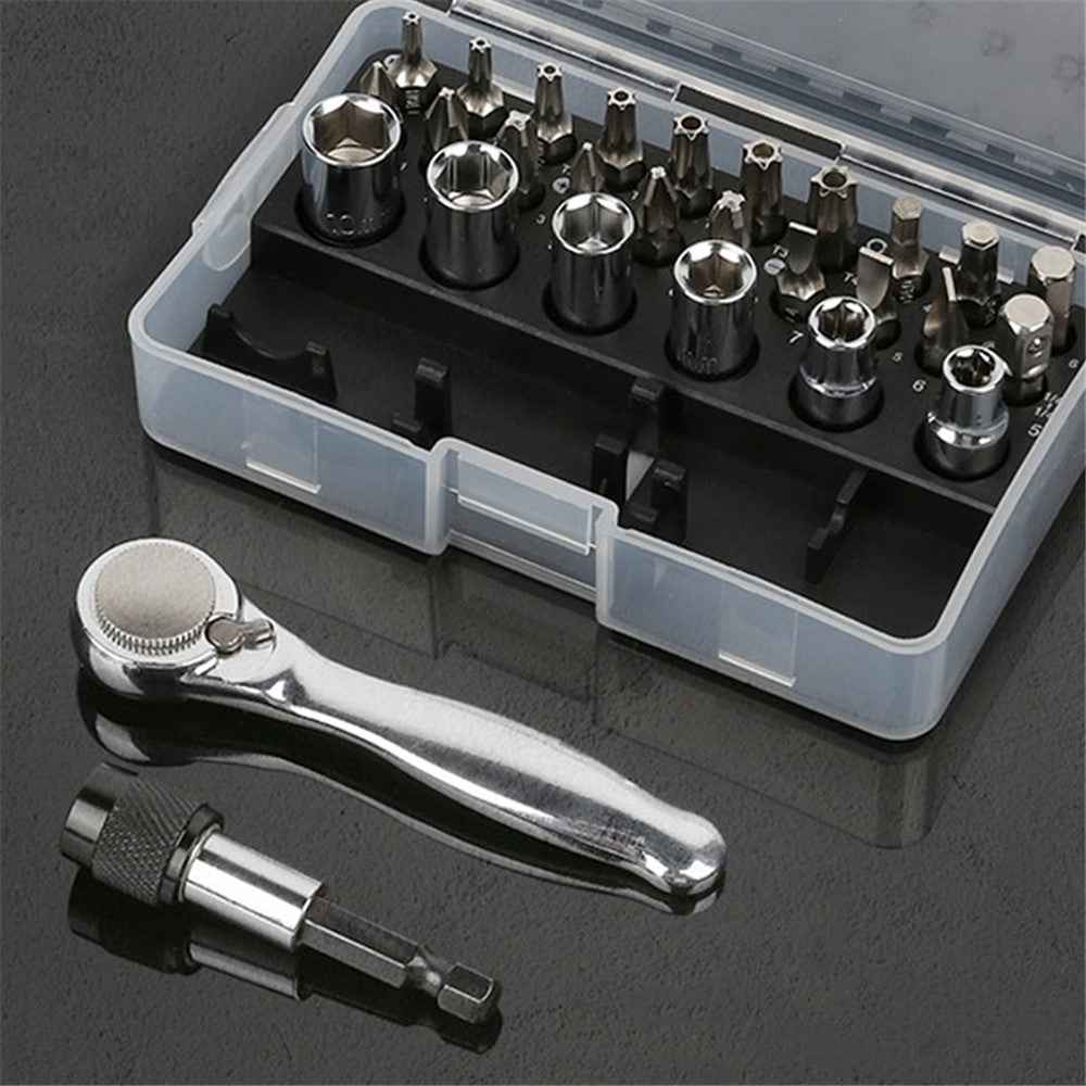 28Pcs Mini Mechanic Tool Kits Portable Ratchet Wrench Set with 72 Teeth Reversible Ratchet (Metric)