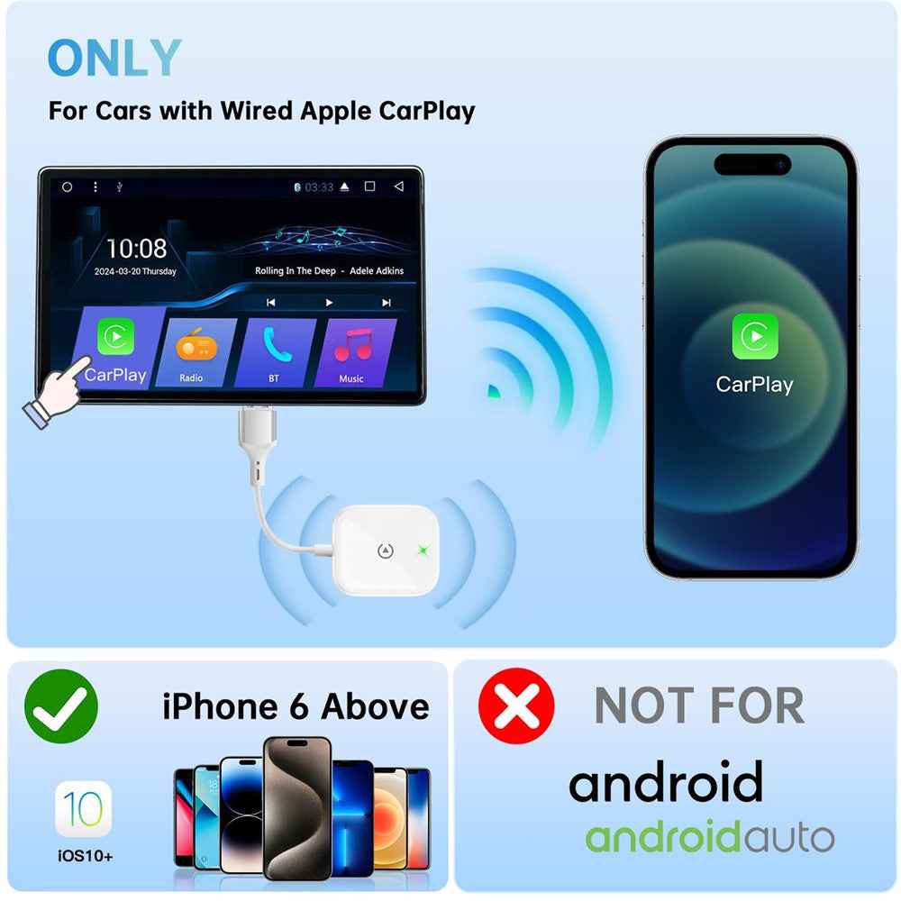 Car Wireless Carplay Adapter Wired to Wireless Carplay Dongle for iPhone - White
