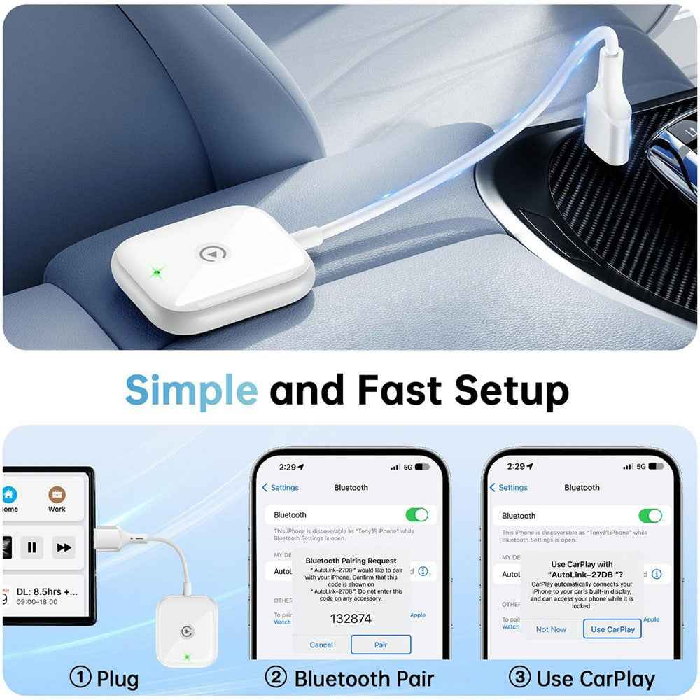 Car Wireless Carplay Adapter Wired to Wireless Carplay Dongle for iPhone - White
