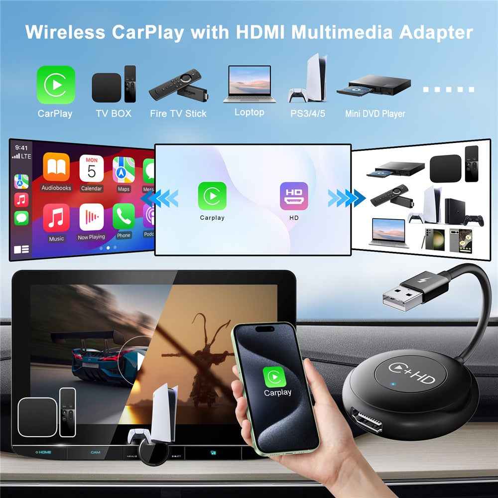020-6-1 USB Plug CarPlay Adapter with HD Female Port Wireless Multimedia Player for iPhone - Black