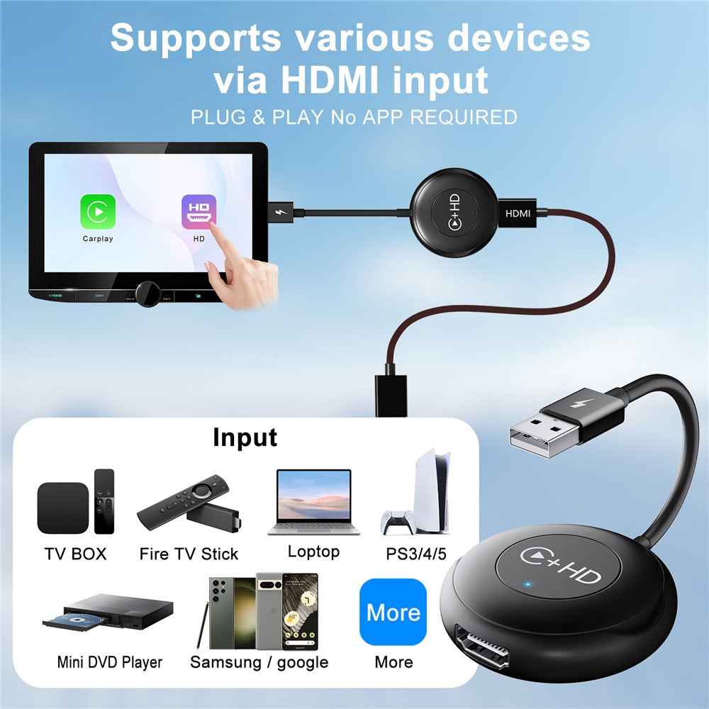 020-6-1 USB Plug CarPlay Adapter with HD Female Port Wireless Multimedia Player for iPhone - Black