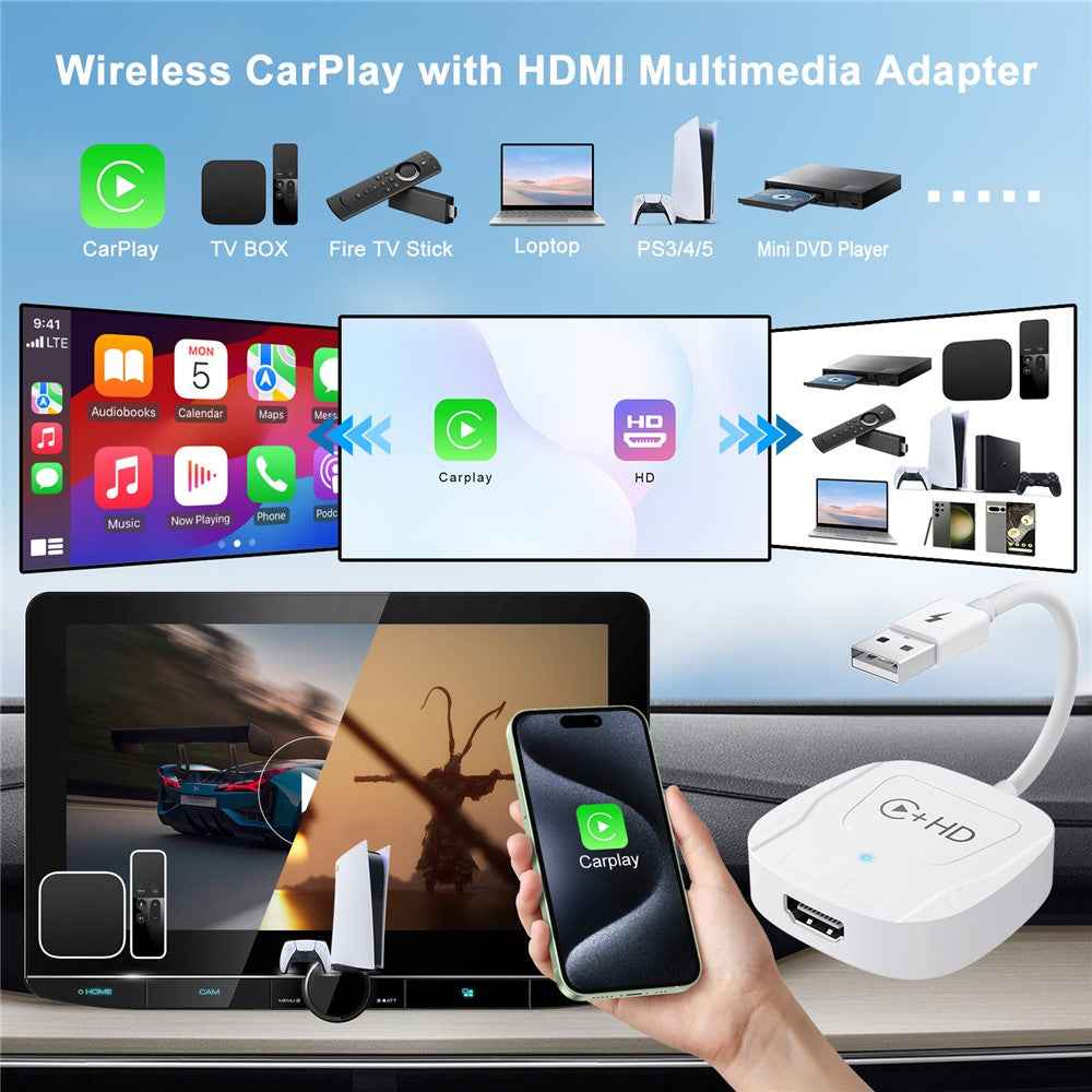 020-7-1 Wired to Wireless USB Plug Carplay Adapter with HD Female Port Multimedia Player for iPhone - White