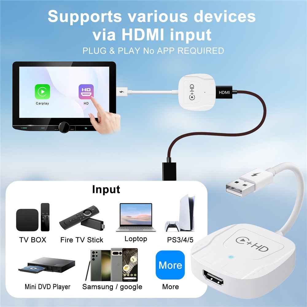 020-7-1 Wired to Wireless USB Plug Carplay Adapter with HD Female Port Multimedia Player for iPhone - White
