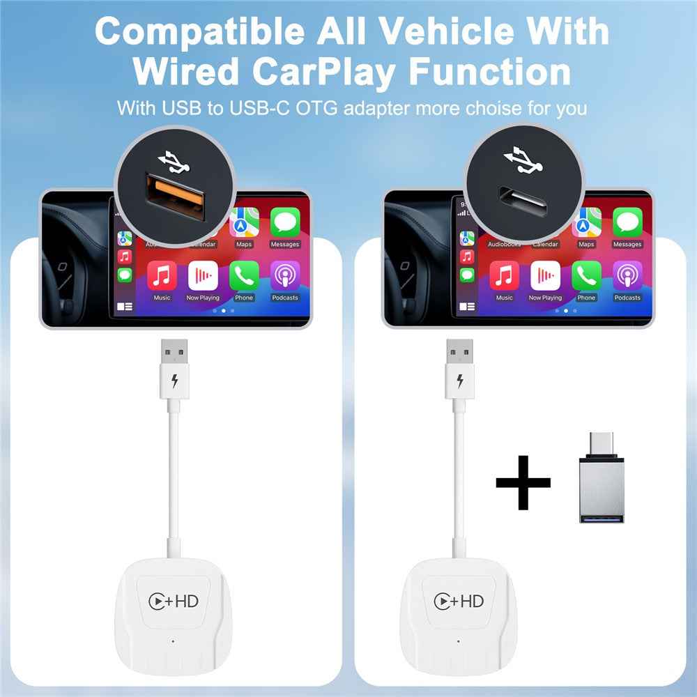 020-7-1 Wired to Wireless USB Plug Carplay Adapter with HD Female Port Multimedia Player for iPhone - White