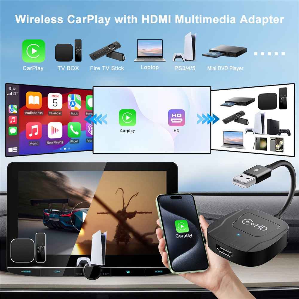 020-7-1 Wired to Wireless USB Plug Carplay Adapter with HD Female Port Multimedia Player for iPhone - Black