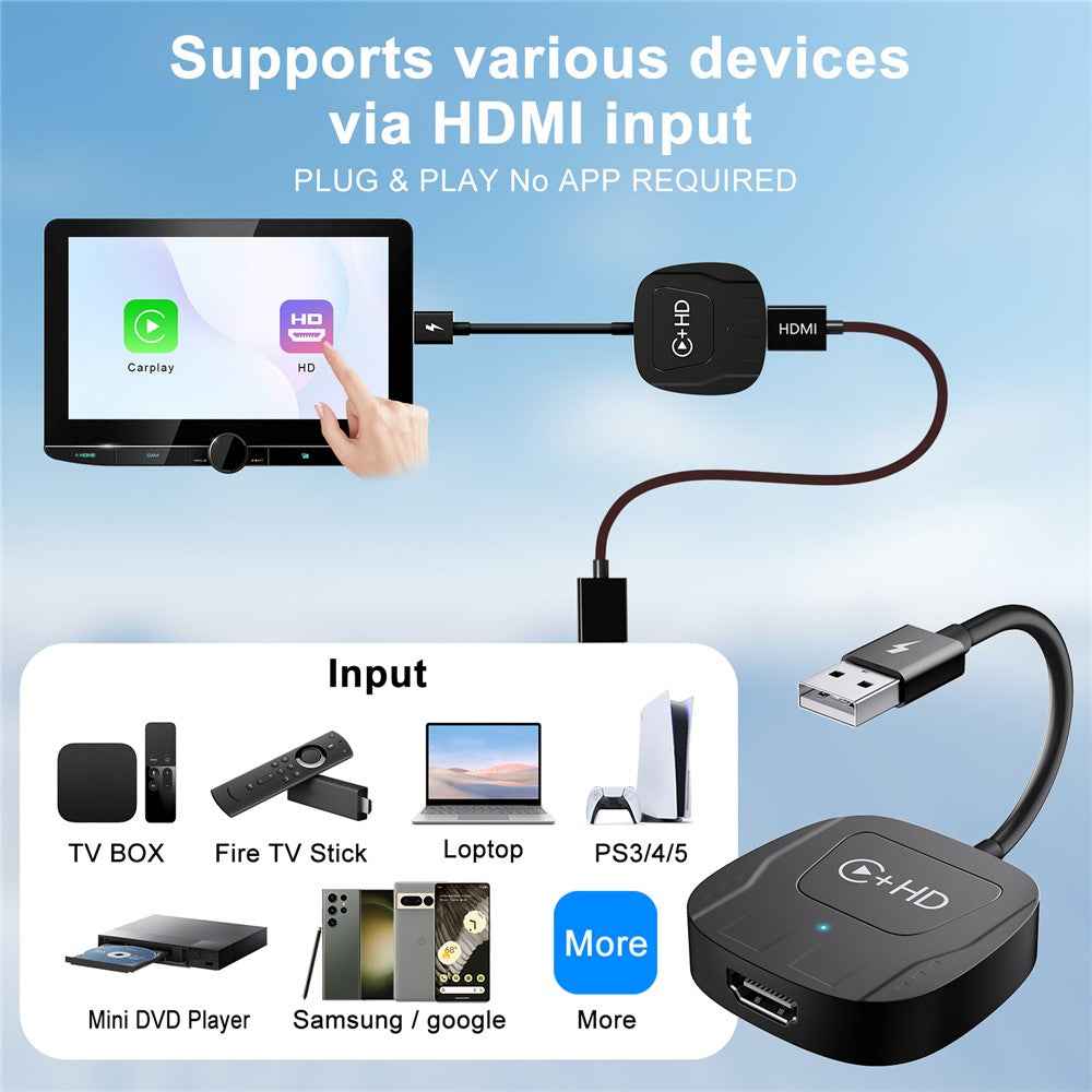 020-7-1 Wired to Wireless USB Plug Carplay Adapter with HD Female Port Multimedia Player for iPhone - Black