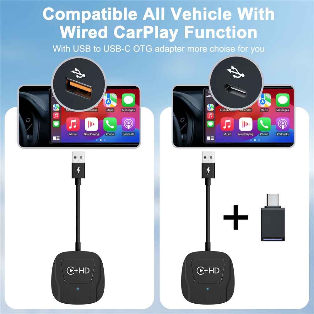 020-7-1 Wired to Wireless USB Plug Carplay Adapter with HD Female Port Multimedia Player for iPhone - Black