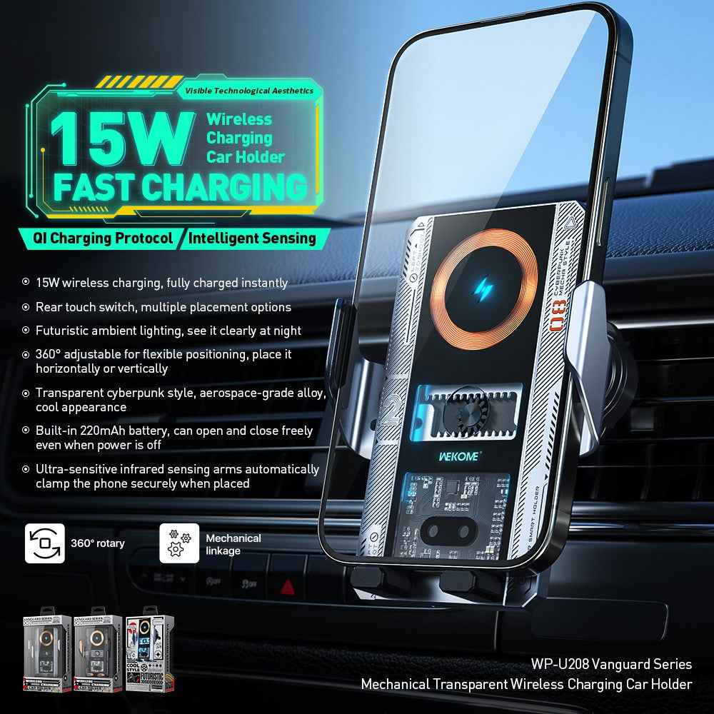 WEKOME WP-U208 Vanguard Series Mechanical Transparent Wireless Charging Car Holder - Grey