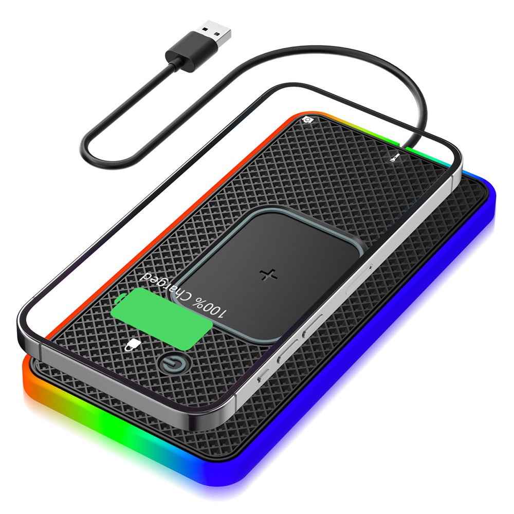 Car Anti-Slip Phone Charging Pad Button Control RGB Light Wireless Charger with 0.3m USB Cable (Square)