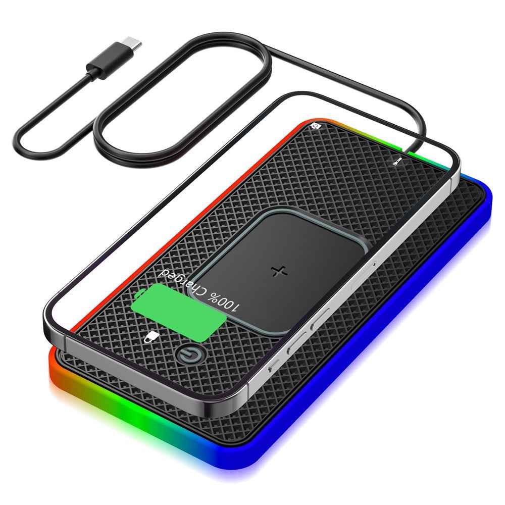 Car Anti-Slip Phone Charging Pad Button Control RGB Light Wireless Charger with 1m Type-C Cable (Round)