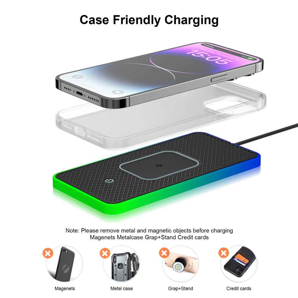 Car Anti-Slip Phone Charging Pad Button Control RGB Light Wireless Charger with 1m Type-C Cable (Round)