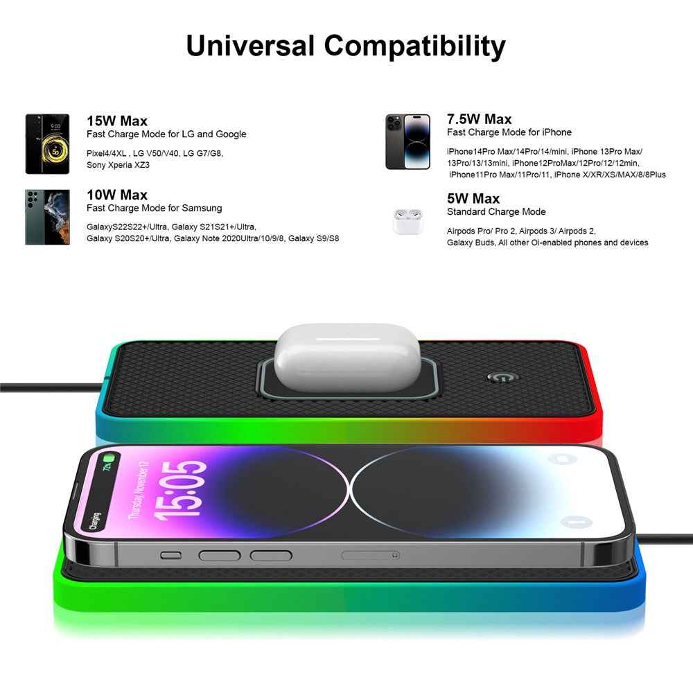 Car Anti-Slip Phone Charging Pad Button Control RGB Light Wireless Charger with 1m Type-C Cable (Round)
