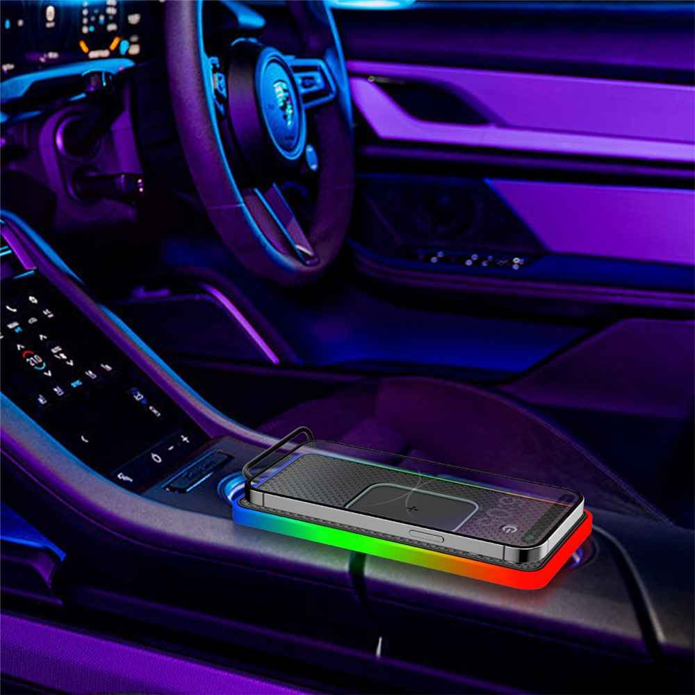 Car Anti-Slip Phone Charging Pad Button Control RGB Light Wireless Charger with 1m Type-C Cable (Round)