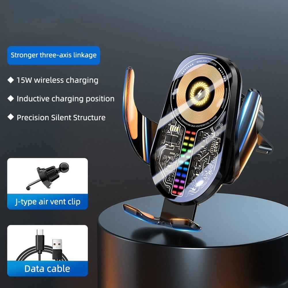 C28 Ambient Light Car Phone Mount Stand Wireless Charger Three-Axis Linkage Phone Holder - Black
