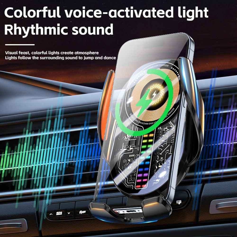 C28 Ambient Light Car Phone Mount Stand Wireless Charger Three-Axis Linkage Phone Holder - Black