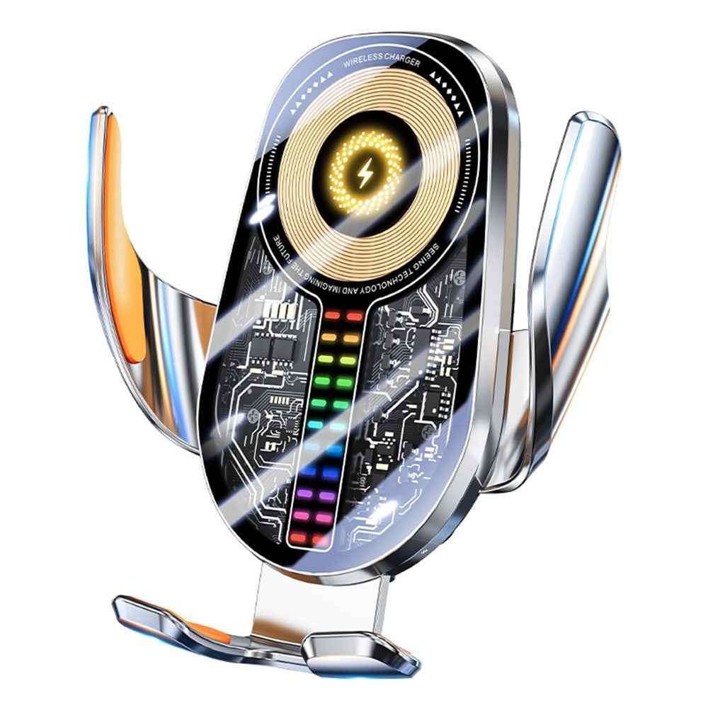 C28 Ambient Light Car Phone Mount Stand Wireless Charger Three-Axis Linkage Phone Holder - Silver