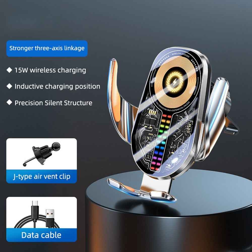 C28 Ambient Light Car Phone Mount Stand Wireless Charger Three-Axis Linkage Phone Holder - Silver