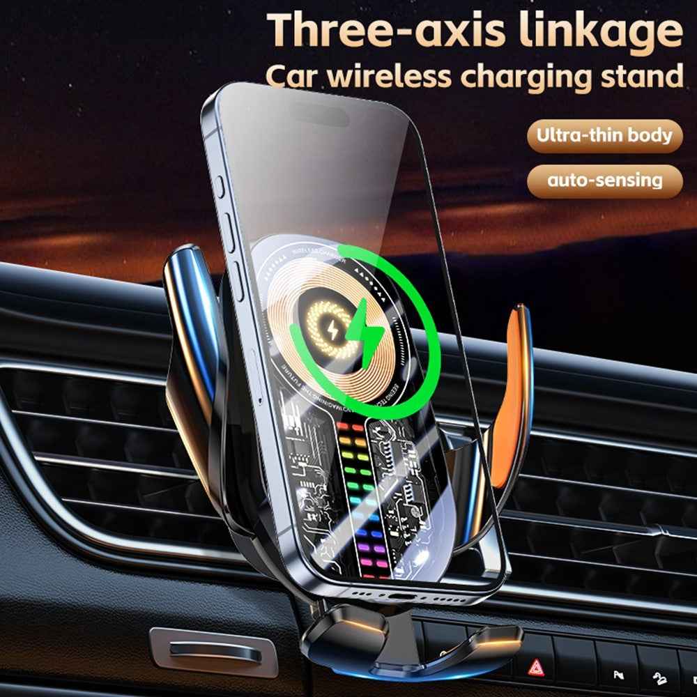 C28 Ambient Light Car Phone Mount Stand Wireless Charger Three-Axis Linkage Phone Holder - Silver