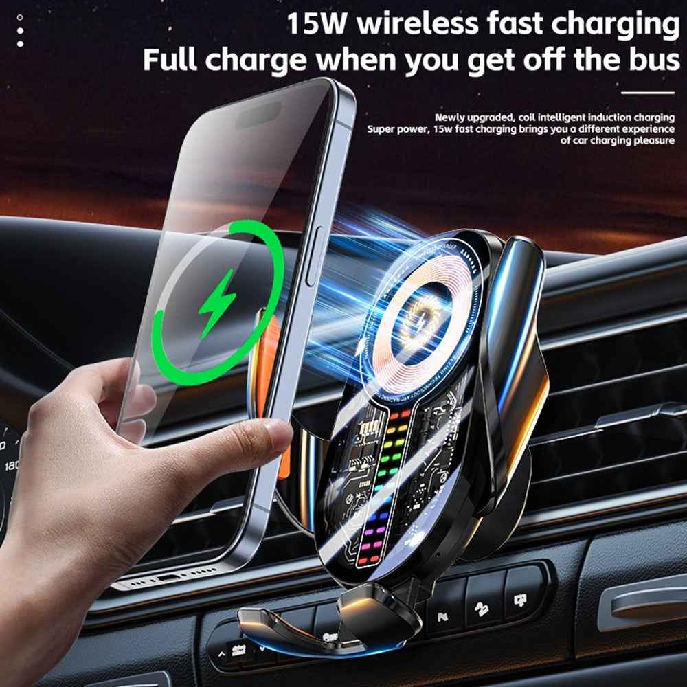 C28 Ambient Light Car Phone Mount Stand Wireless Charger Three-Axis Linkage Phone Holder - Silver